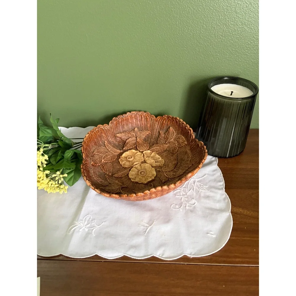 Vintage 1951 Multi Products Inc Molded Wood Floral Bowl Brown Scalloped 8 Inch